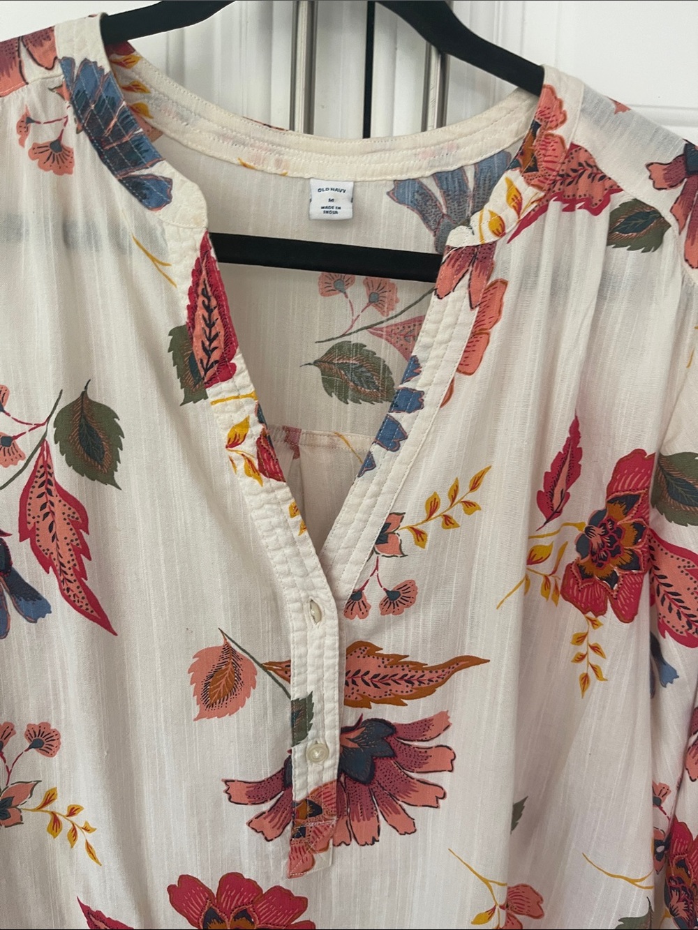 Old Navy Cream Tunic long sleeve blouse Floral Print Sz M with Flaws - Picture 5 of 12
